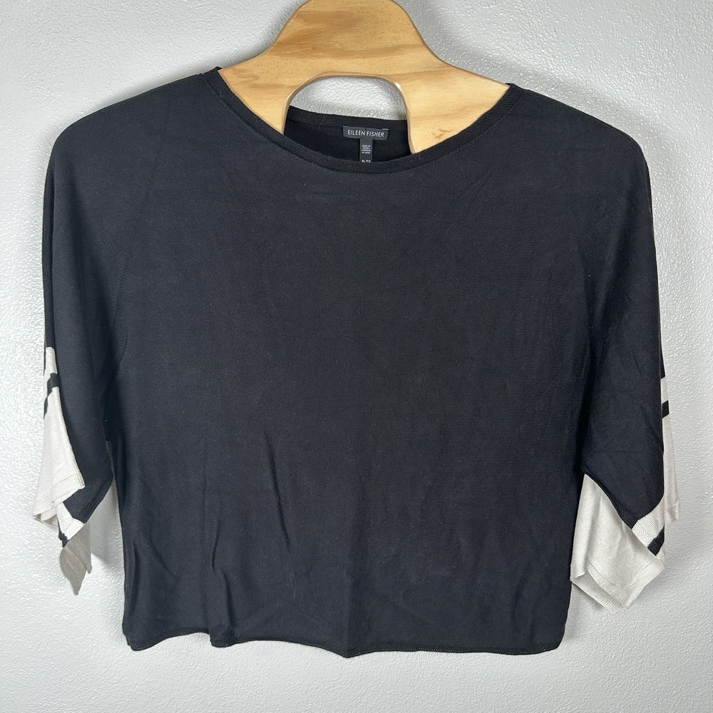 Eileen Fisher Silk Blend Top Size XL Black Beige Flare Sleeve Minimalist Classic